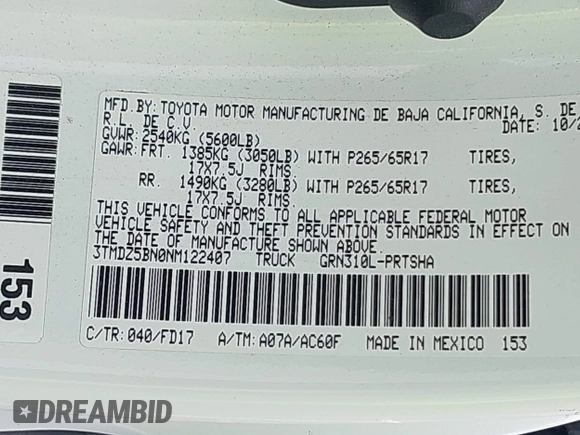 2022 Toyota Tacoma SR5 with VIN 3TMDZ5BN0NM122407, listed as a IAAI auction lot 42591937 with Not provided miles and . Bid and sale history available at DreamBid. Image 9.