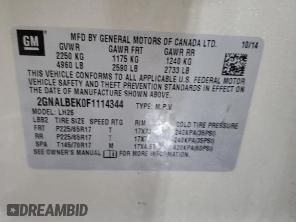 2015 Chevrolet Equinox LT with VIN 2GNALBEK0F1114344, listed as a Copart auction lot 54548185 with 113,872 mi miles and Salvage Title. Bid and sale history available at carsss.com. Image 13.