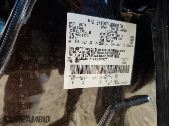 2014 Lincoln MKX with VIN 2LMDJ8JK3EBL03907, listed as a Copart auction lot 87612065 with 150,061 mi miles and Salvage Title. Bid and sale history available at DreamBid. Image 13.