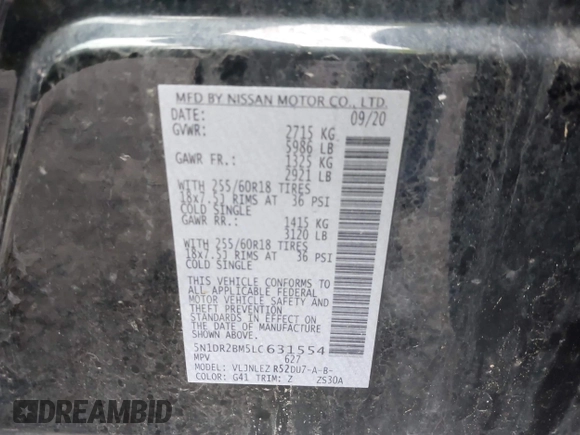 2020 Nissan Pathfinder SV с VIN 5N1DR2BM5LC631554, выставлен на аукционе IAAI как лот 42535070 с пробегом 84 865 миль миль и . История ставок и продаж доступна на DreamBid. Изображение 9.