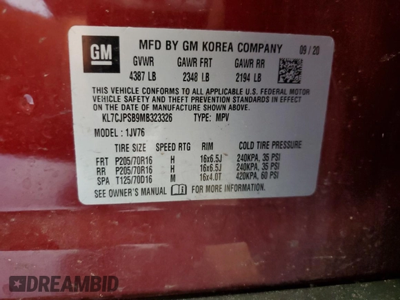 2021 Chevrolet Trax LT with VIN KL7CJPSB9MB323326, listed as a Copart auction lot 59661395 with Not provided miles and Clean title. Bid and sale history available at DreamBid. Image 13.
