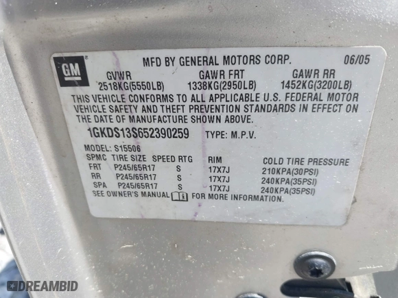 2005 GMC Envoy SLE with VIN 1GKDS13S652390259, listed as a IAAI auction lot 41825258 with 162,172 mi miles. Bid and sale history available at carsss.com. Image 9.