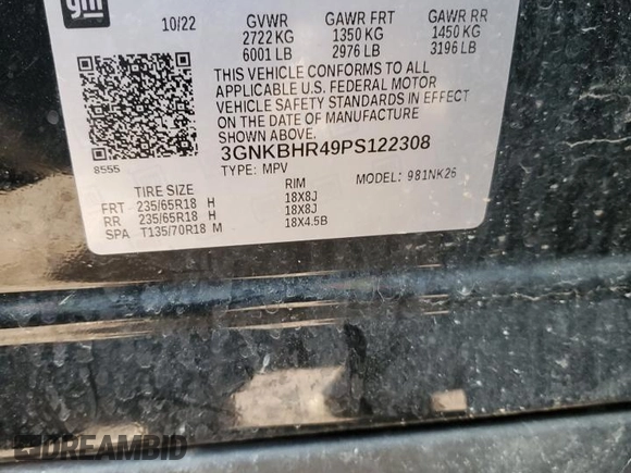 2023 Chevrolet Blazer LT with VIN 3GNKBHR49PS122308, listed as a Copart auction lot 49988235 with 16,654 mi miles and Salvage title. Bid and sale history available at DreamBid. Image 14.