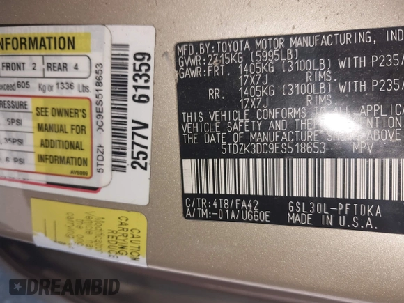 2014 Toyota Sienna L with VIN 5TDZK3DC9ES518653, listed as a IAAI auction lot 42767591 with 261,730 mi miles and . Bid and sale history available at DreamBid. Image 9.