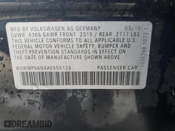 2010 Volkswagen CC with VIN WVWMP9AN4AE555128, listed as a Copart auction lot 84416424 with 127,288 mi miles and Salvage Title. Bid and sale history available at DreamBid. Image 12.