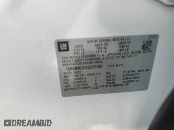 2017 GMC Acadia SLT with VIN 1GKKNMLS1HZ231936, listed as a Copart auction lot 58483905 with 153,001 mi miles and Salvage title. Bid and sale history available at DreamBid. Image 14.