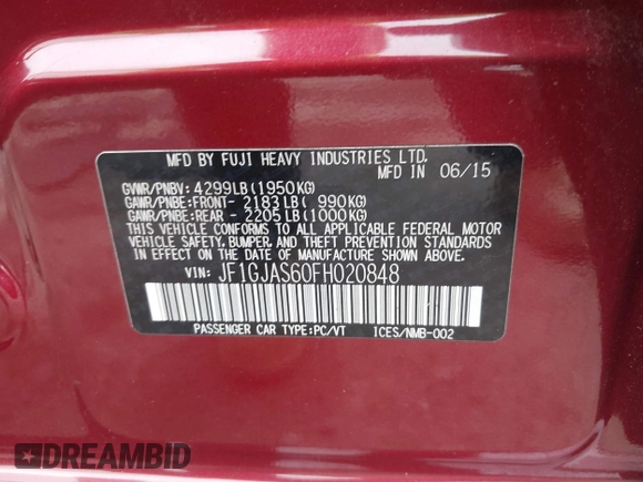 2015 Subaru Impreza Limited with VIN JF1GJAS60FH020848, listed as a IAAI auction lot 42416097 with 80,279 mi miles and . Bid and sale history available at DreamBid. Image 9.