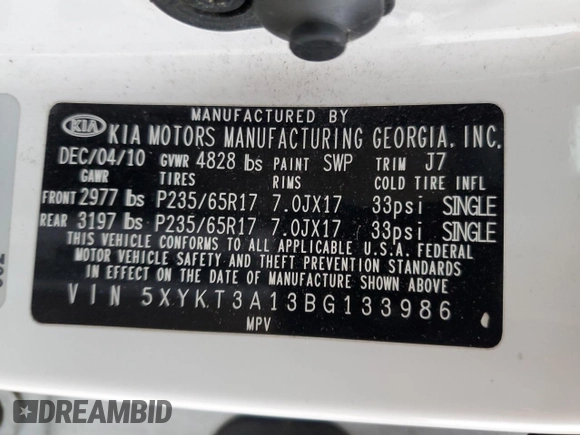 2011 Kia Sorento LX with VIN 5XYKT3A13BG133986, listed as a Copart auction lot 45411515 with 201,884 mi miles and Salvage Title. Bid and sale history available at carsss.com. Image 16.