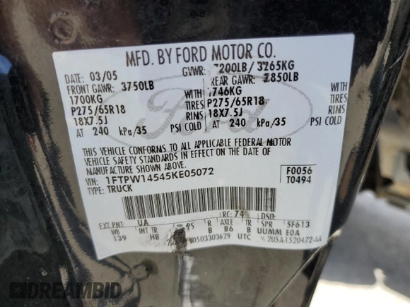 2005 Ford F-150 XLT with VIN 1FTPW14545KE05072, listed as a Copart auction lot 53183895 with 155,353 mi miles and Clean Title. Bid and sale history available at carsss.com. Image 12.