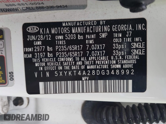 2013 Kia Sorento LX with VIN 5XYKT4A28DG348992, listed as a IAAI auction lot 42200903 with 150,730 mi miles and . Bid and sale history available at DreamBid. Image 9.