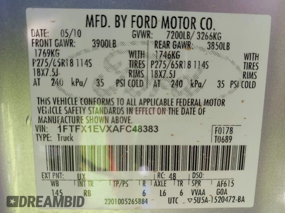 2010 Ford F-150 XL with VIN 1FTFX1EVXAFC48383, listed as a IAAI auction lot 42420396 with 230,317 mi miles and . Bid and sale history available at DreamBid. Image 9.