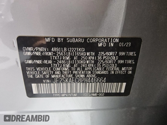 2023 Subaru Forester Premium with VIN JF2SKAEC8PH446664, listed as a Copart auction lot 62329525 with 58,055 mi miles and Clean title. Bid and sale history available at DreamBid. Image 13.