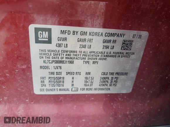 2021 Chevrolet Trax LT with VIN KL7CJPSB0MB311968, listed as a Copart auction lot 62835965 with 92,365 mi miles and Salvage title. Bid and sale history available at DreamBid. Image 15.