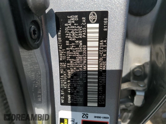 2022 Toyota Camry SE z VIN 4T1G11AK7NU633060, wystawiony jako Copart lot #58509575 z przebiegiem 208 372 mil mil oraz Czysty tytuł • Clean title. Historia ofert i sprzedaży dostępna na DreamBid. Obrazek 12.