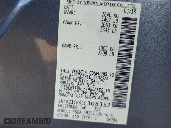2018 Nissan LEAF SL with VIN 1N4AZ1CP4JC308352, listed as a Copart auction lot 89021515 with 44,902 mi miles and Clean Title. Bid and sale history available at DreamBid. Image 13.