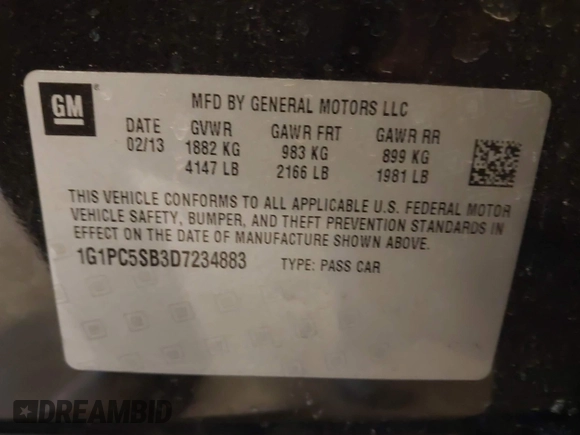 2013 Chevrolet Cruze 1LT with VIN 1G1PC5SB3D7234883, listed as a IAAI auction lot 41932559 with 230,343 mi miles and . Bid and sale history available at DreamBid. Image 9.