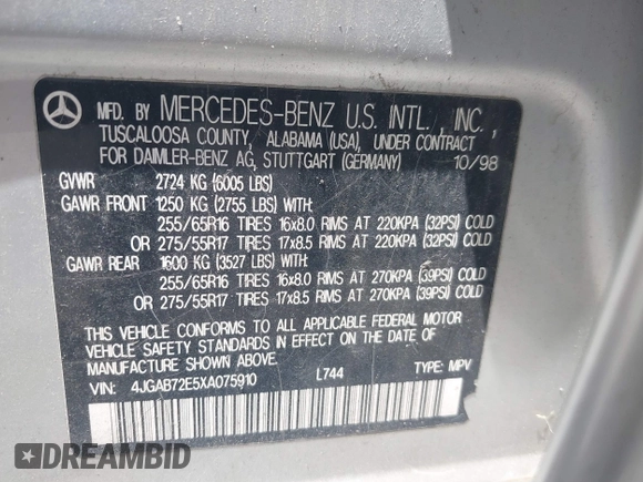 1999 Mercedes-Benz M 320/430/500 with VIN 4JGAB72E5XA075910, listed as a IAAI auction lot 42805531 with 180,194 mi miles and . Bid and sale history available at DreamBid. Image 9.