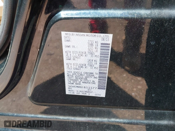 2014 Nissan Pathfinder Platinum with VIN 5N1AR2MN0EC611577, listed as a IAAI auction lot 42336426 with 140,019 mi miles and . Bid and sale history available at DreamBid. Image 9.