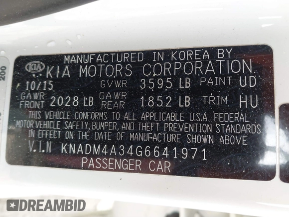 2016 Kia Rio LX with VIN KNADM4A34G6641971, listed as a IAAI auction lot 41844522 with 95,163 mi miles. Bid and sale history available at carsss.com. Image 9.