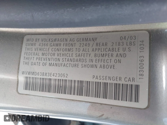 2003 Volkswagen Passat GL z VIN WVWMD63BX3E423052, wystawiony jako IAAI lot #39234258 z przebiegiem 267 688 mil mil oraz . Historia ofert i sprzedaży dostępna na DreamBid. Obrazek 9.