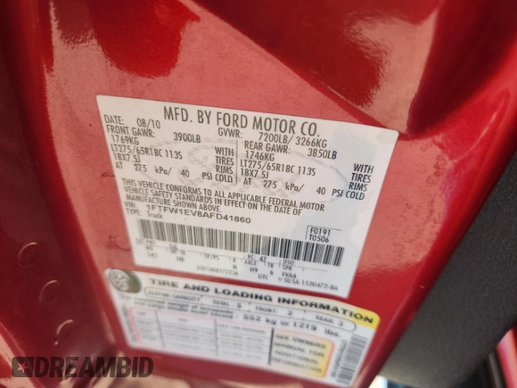 2010 Ford F-150 XL with VIN 1FTFW1EV8AFD41860, listed as a Copart auction lot 61494945 with Not provided miles and Salvage title. Bid and sale history available at DreamBid. Image 12.