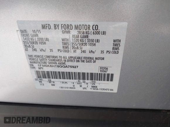 2016 Ford Explorer Platinum with VIN 1FM5K8HT8GGA75927, listed as a IAAI auction lot 42070295 with 135,093 mi miles and . Bid and sale history available at DreamBid. Image 9.