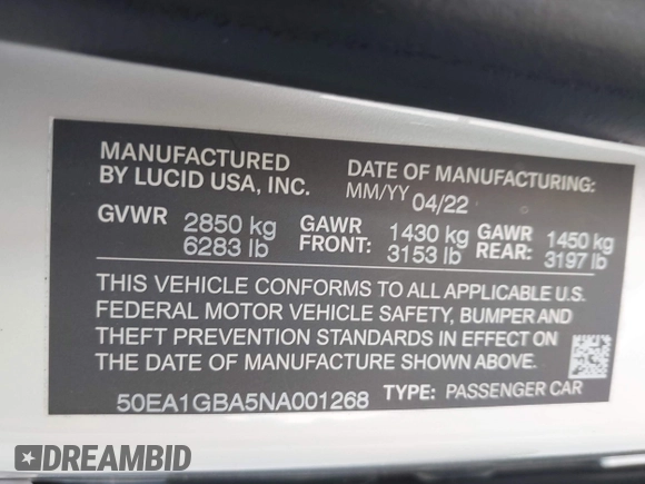 2022 Lucid Air Grand Touring with VIN 50EA1GBA5NA001268, listed as a IAAI auction lot 41866289 with 7,498 mi miles. Bid and sale history available at carsss.com. Image 9.