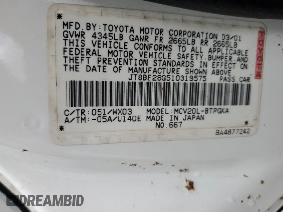 2001 Lexus ES 300 with VIN JT8BF28G510319575, listed as a Copart auction lot 54321275 with 139,224 mi miles and Non Repairable. Bid and sale history available at DreamBid. Image 12.