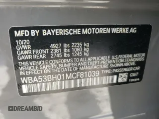 2021 BMW 5 Series 530i with VIN WBA53BH01MCF81039, listed as a Copart auction lot 59368965 with 49,760 mi miles and Salvage title. Bid and sale history available at DreamBid. Image 13.