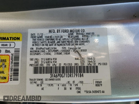 2013 Ford Fusion S with VIN 3FA6P0G71DR179184, listed as a Copart auction lot 88530235 with 184,702 mi miles and Salvage Title. Bid and sale history available at carsss.com. Image 13.