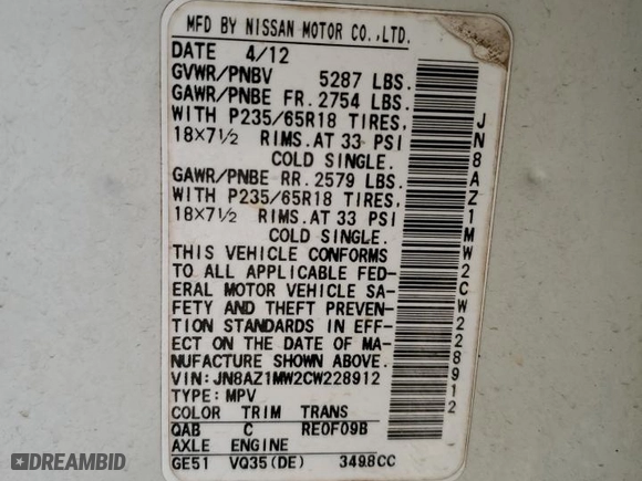 2012 Nissan Murano SL with VIN JN8AZ1MW2CW228912, listed as a Copart auction lot 48689975 with 217,311 mi miles and Salvage Title. Bid and sale history available at carsss.com. Image 15.