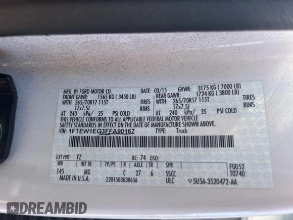 2015 Ford F-150 XLT with VIN 1FTEW1EG3FFA90167, listed as a IAAI auction lot 42792760 with 142,559 mi miles and . Bid and sale history available at DreamBid. Image 19.