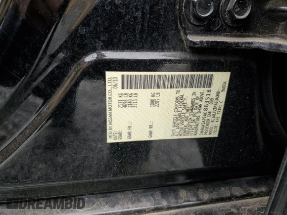 2010 Nissan Maxima SV with VIN 1N4AA5AP1AC863518, listed as a Copart auction lot 56188795 with 115,377 mi miles and Salvage title. Bid and sale history available at DreamBid. Image 12.