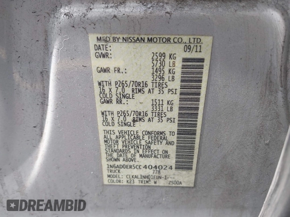 2012 Nissan Frontier SV with VIN 1N6AD0ER5CC404024, listed as a IAAI auction lot 42345633 with 159,970 mi miles and . Bid and sale history available at DreamBid. Image 9.
