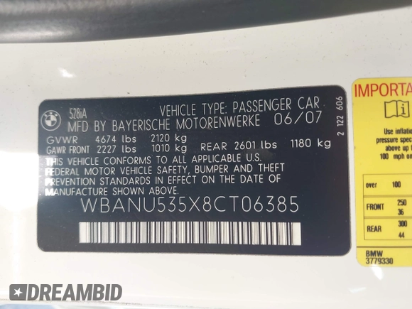 2008 BMW 5 Series 528i with VIN WBANU535X8CT06385, listed as a IAAI auction lot 42531603 with 90,002 mi miles and . Bid and sale history available at DreamBid. Image 9.