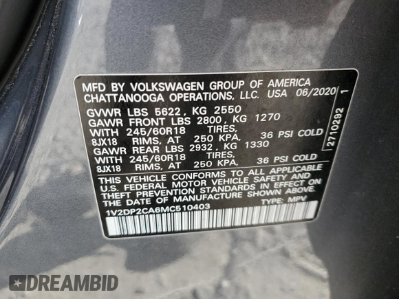 2021 Volkswagen Atlas SE with VIN 1V2DP2CA6MC510403, listed as a Copart auction lot 82892644 with 108,520 mi miles and Salvage title. Bid and sale history available at DreamBid. Image 13.