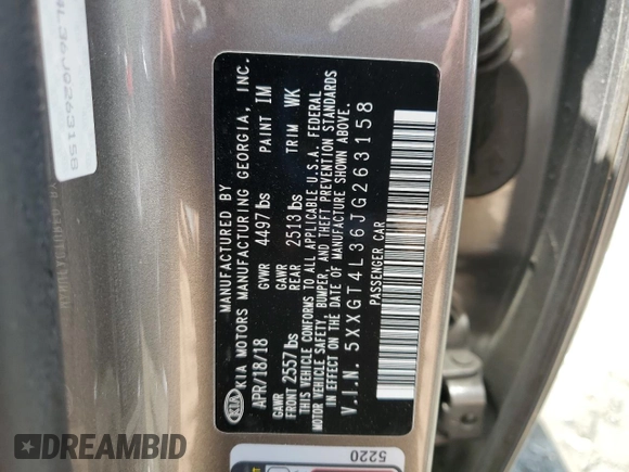 2018 Kia Optima LX z VIN 5XXGT4L36JG263158, wystawiony jako Copart lot #57028335 z przebiegiem 43 050 mil mil oraz Szkoda całkowita • Salvage title. Historia ofert i sprzedaży dostępna na DreamBid. Obrazek 12.
