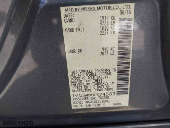 2016 Nissan Altima 2.5 SR with VIN 1N4AL3APXGN374563, listed as a IAAI auction lot 41711390 with 134,086 mi miles. Bid and sale history available at carsss.com. Image 9.