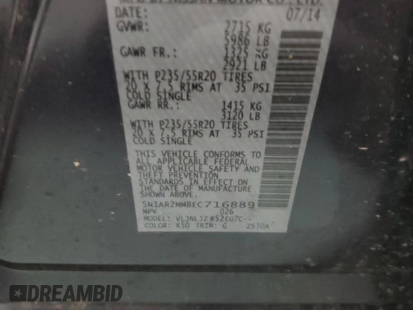 2014 Nissan Pathfinder S with VIN 5N1AR2MM8EC716889, listed as a Copart auction lot 59031105 with Not provided miles and Salvage title. Bid and sale history available at DreamBid. Image 14.