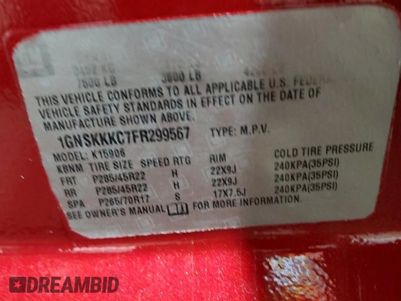 2015 Chevrolet Suburban LTZ with VIN 1GNSKKKC7FR299567, listed as a Copart auction lot 52944035 with 147,964 mi miles and Salvage Title. Bid and sale history available at DreamBid. Image 13.