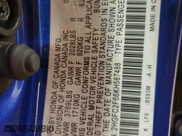 2019 Honda Civic Sedan LX with VIN 2HGFC2F66KH587488, listed as a Copart auction lot 45280025 with 58,272 mi miles and Salvage Title. Bid and sale history available at carsss.com. Image 14.