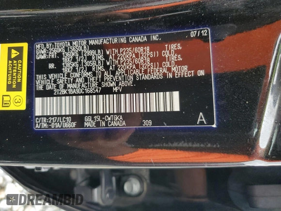 2013 Lexus RX 350 with VIN 2T2BK1BA9DC168547, listed as a Copart auction lot 59667955 with 129,338 mi miles and Salvage title. Bid and sale history available at DreamBid. Image 13.