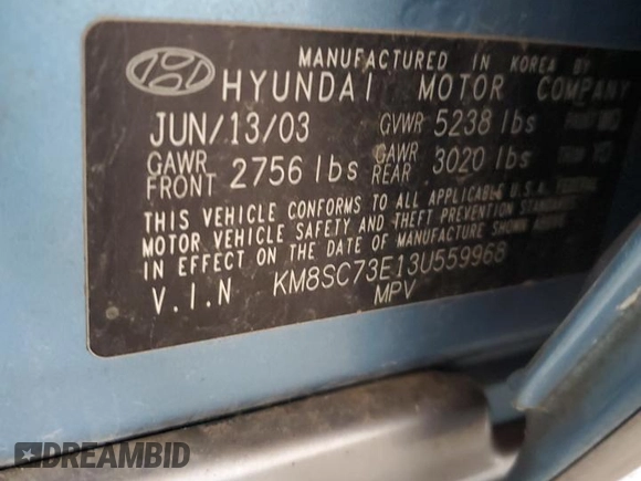 2003 Hyundai Santa Fe LX with VIN KM8SC73E13U559968, listed as a Copart auction lot 49470165 with 103,900 mi miles and Salvage Title. Bid and sale history available at carsss.com. Image 13.