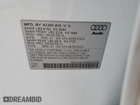2013 Audi Q7 3.0T Premium Plus with VIN WA1LGAFE2DD007056, listed as a Copart auction lot 44067395 with 101,892 mi miles and Salvage Title. Bid and sale history available at carsss.com. Image 13.