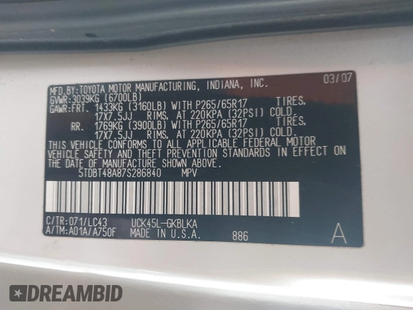 2007 Toyota Sequoia Limited with VIN 5TDBT48A87S286840, listed as a IAAI auction lot 42100819 with 304,590 mi miles and . Bid and sale history available at DreamBid. Image 9.