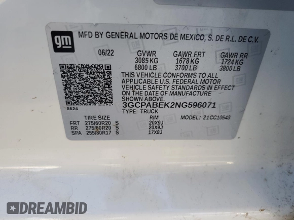 2022 Chevrolet Silverado 1500 Custom with VIN 3GCPABEK2NG596071, listed as a Copart auction lot 47257045 with Not Provided miles and Non Repairable. Bid and sale history available at DreamBid. Image 12.