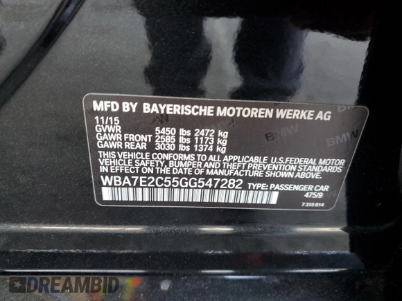 2016 BMW 7 Series 740i with VIN WBA7E2C55GG547282, listed as a Copart auction lot 57740095 with Not provided miles and Salvage title. Bid and sale history available at DreamBid. Image 12.