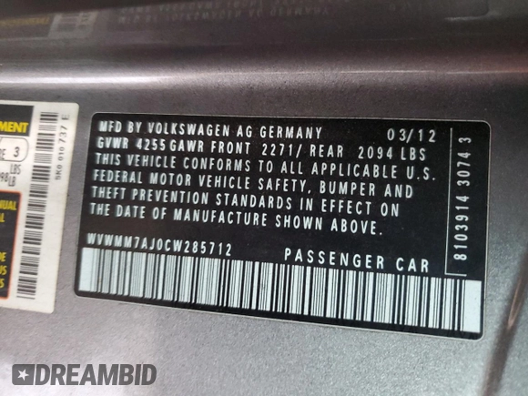 2012 Volkswagen Golf TDI с VIN WVWMM7AJ0CW285712, выставлен на аукционе Copart как лот 80859314 с пробегом 114 069 миль миль и Списание • Salvage title. История ставок и продаж доступна на DreamBid. Изображение 13.