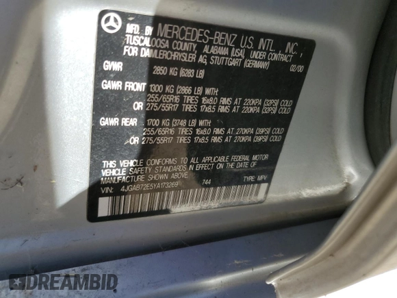 2000 Mercedes-Benz M 320/430/500 with VIN 4JGAB72E5YA173269, listed as a Copart auction lot 71520714 with 239,248 mi miles and Clean title. Bid and sale history available at DreamBid. Image 13.