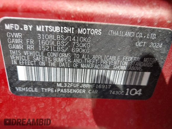 2024 Mitsubishi Mirage ES z VIN ML32FUFJ8RHF16917, wystawiony jako IAAI lot #41883800 z przebiegiem 3 223 mil mil oraz . Historia ofert i sprzedaży dostępna na DreamBid. Obrazek 9.